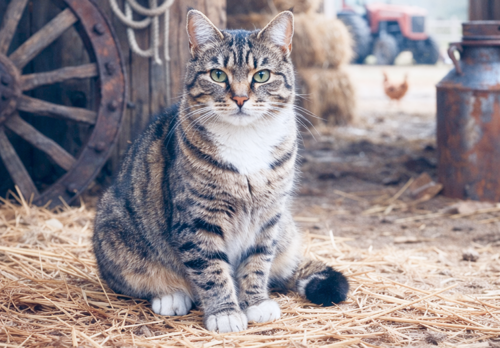 A cat sitting in a barn